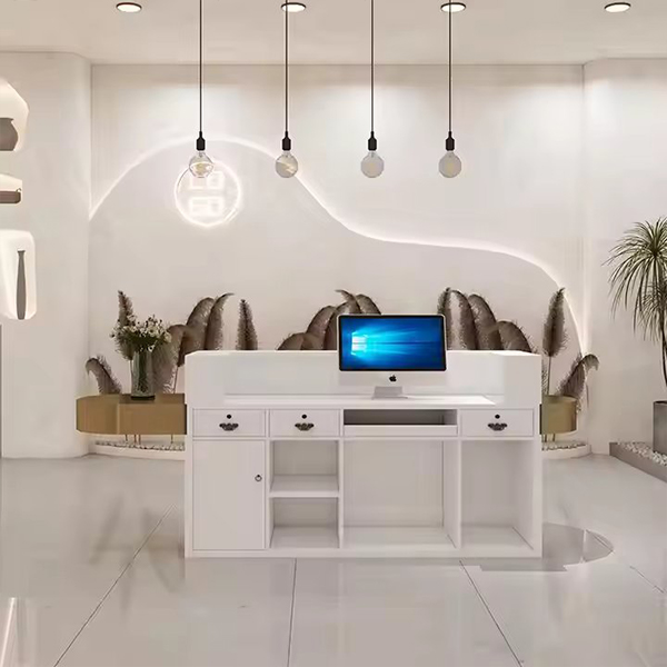 Luxury Beauty Hair Salon Small pink Front Table Gold Stainless Steel Cashier Desk Wooden Reception Counter