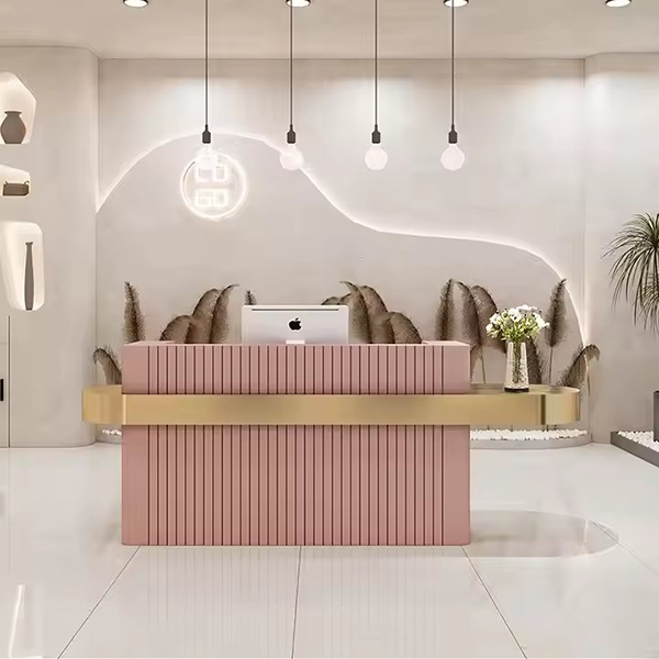 Luxury Beauty Hair Salon Small pink Front Table Gold Stainless Steel Cashier Desk Wooden Reception Counter