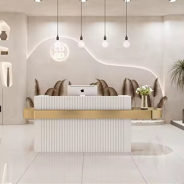 Luxury Beauty Hair Salon Small pink Front Table Gold Stainless Steel Cashier Desk Wooden Reception Counter