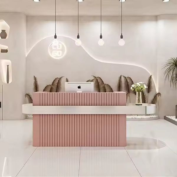 Luxury Beauty Hair Salon Small pink Front Table Gold Stainless Steel Cashier Desk Wooden Reception Counter