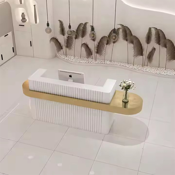 Luxury Beauty Hair Salon Small pink Front Table Gold Stainless Steel Cashier Desk Wooden Reception Counter